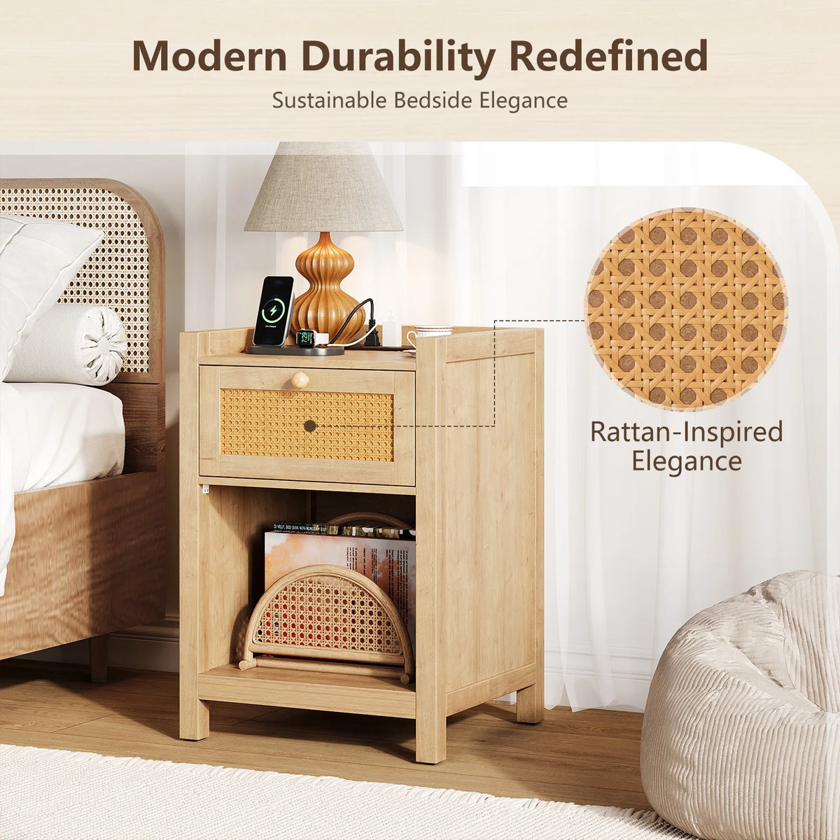 LGHM Nightstand Set of 2 with Charging Station, Farmhouse Bedside Tables Night Stands with Drawer, Boho Side Tables for Bedroom, Living Room, Oak