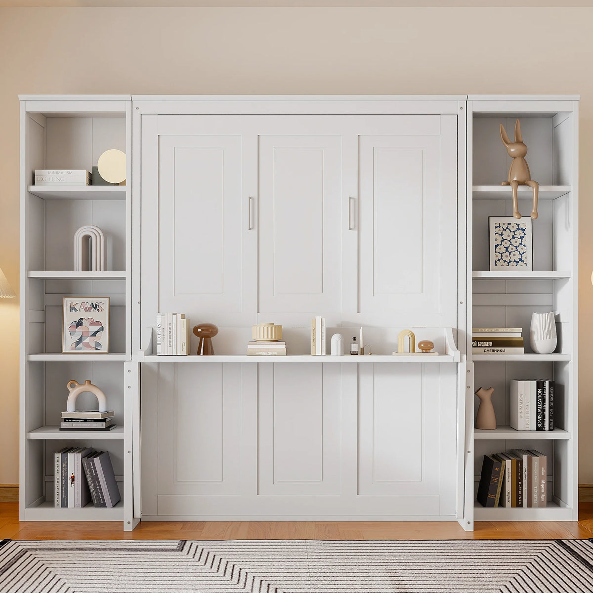 Euroco Wood Full Size Murphy Bed with Desk and Shelves, Space-Saving Wall Bed for Bedroom