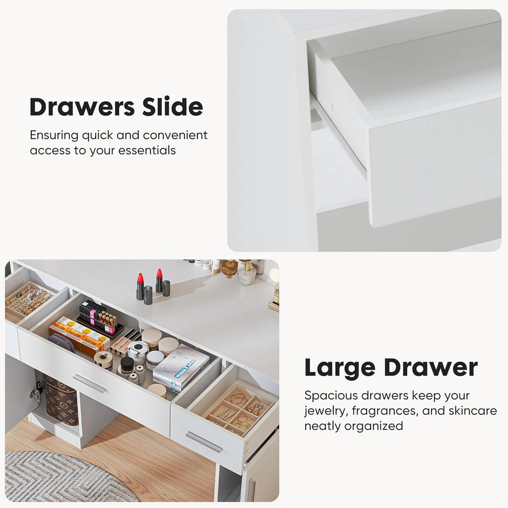 Blorly White Vanity Desk with Mirror, Makeup Vanity Table with LED Lights and Power Outlet, 3 Drawer, 4 Shelves, 1 Cabinet
