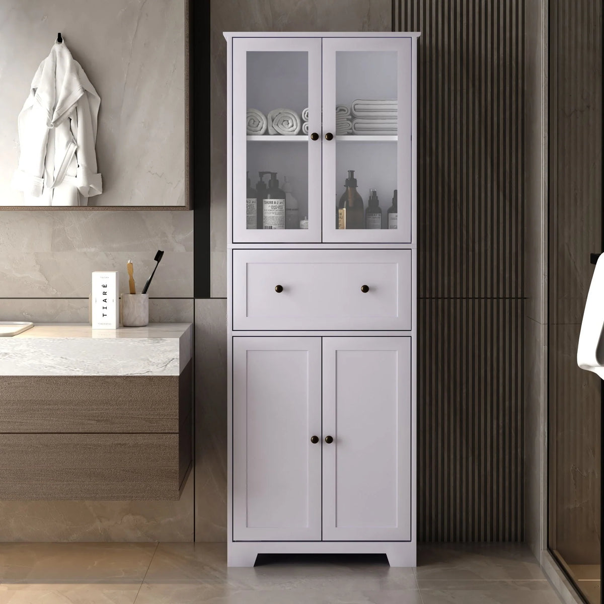 Ktaxon 64" Tall Bathroom Storage Cabinet Organizer, Freestanding Kitchen Pantry Cabinet Line Tower with 2 Glass Doors, Large Drawer & 4 Adjustable Shelves for Dining Room Living Room Home Office,White