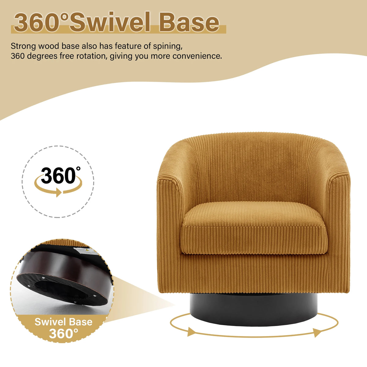 UIXE Swivel Accent Chair, Upholstered Fabric Barrel Chair for Living Room, Small Single Sofa Bedroom Reading Seat, Light Gray