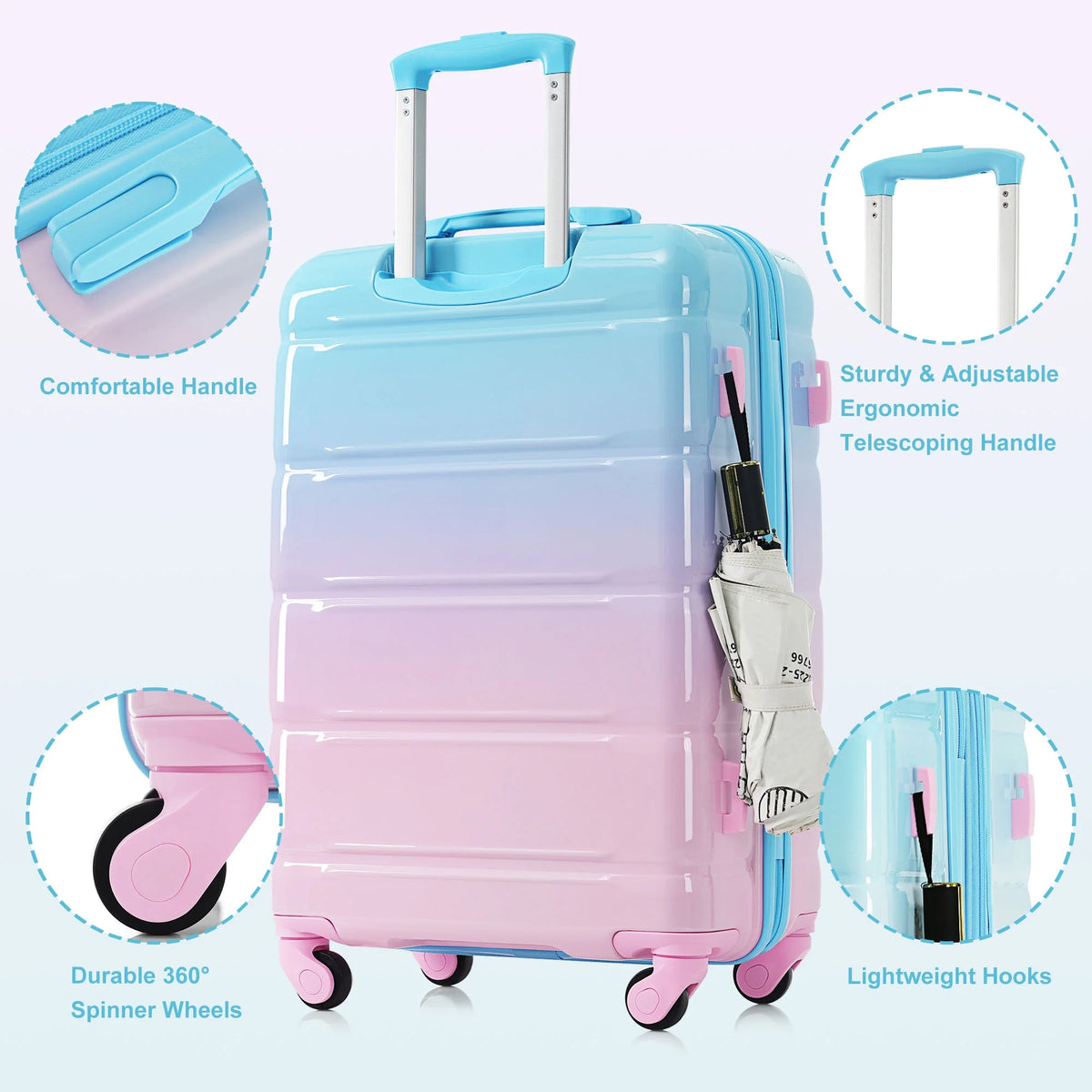 PAPROOS 3-Piece Luggage Set (20''/24''/28''), Hardshell Lightweight Suitcase with USB Port and Side Hooks, Travel Luggage with TSA-Lock, Hardside Rolling Luggage for School, Travel, Pink