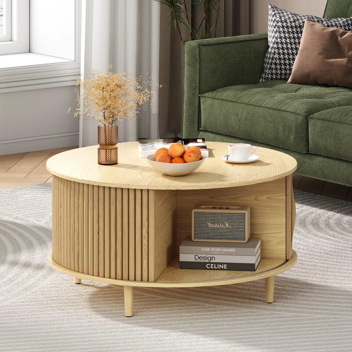 JOINICE Round Coffee Table with Storage and Sliding Door,Mid Century Modern Wooden Center Table,for Living Room,Walnut
