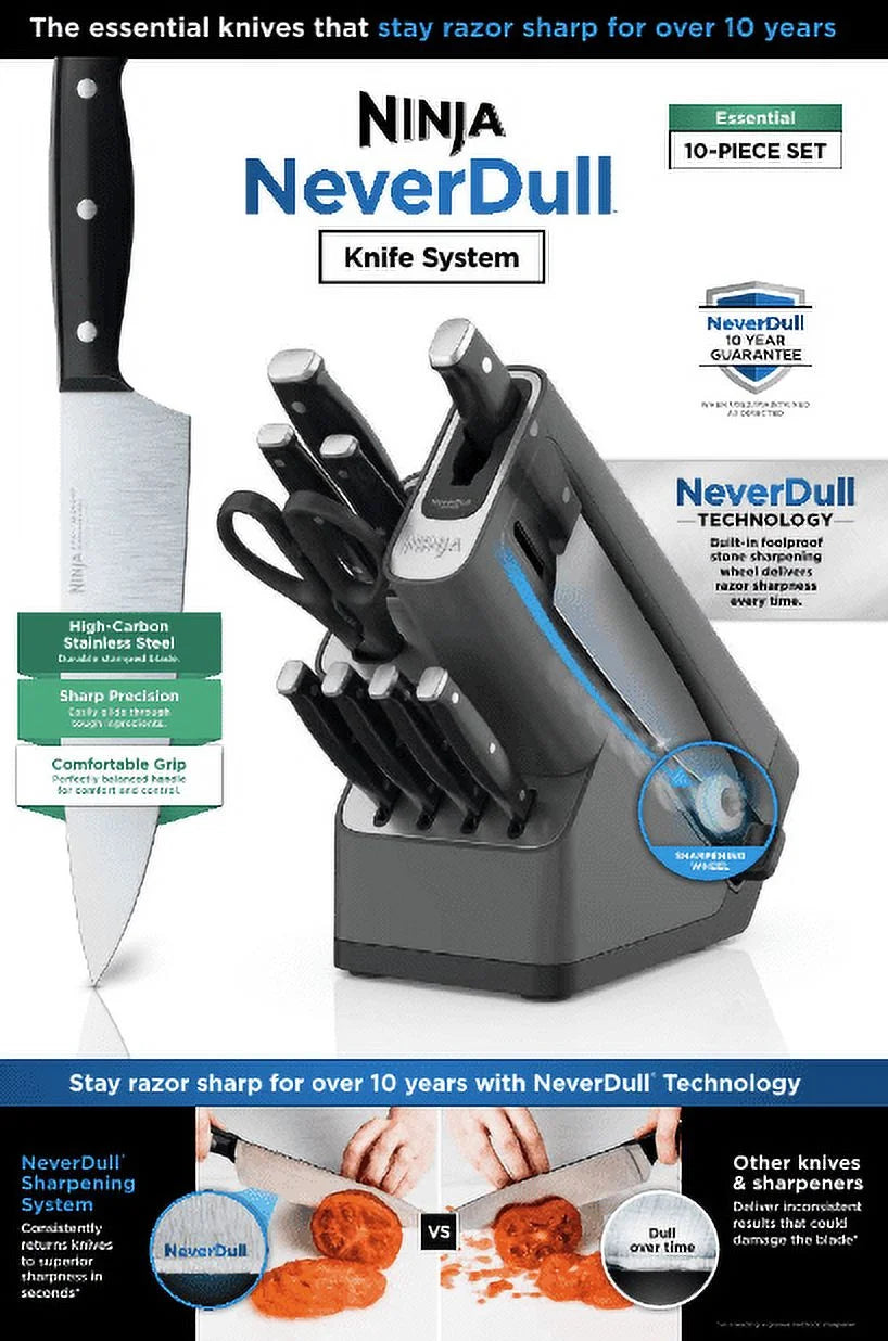 Ninja Foodi NeverDull 10-Piece Stainless Steel Essential Knife System with Sharpener, K12010 Black/Gray