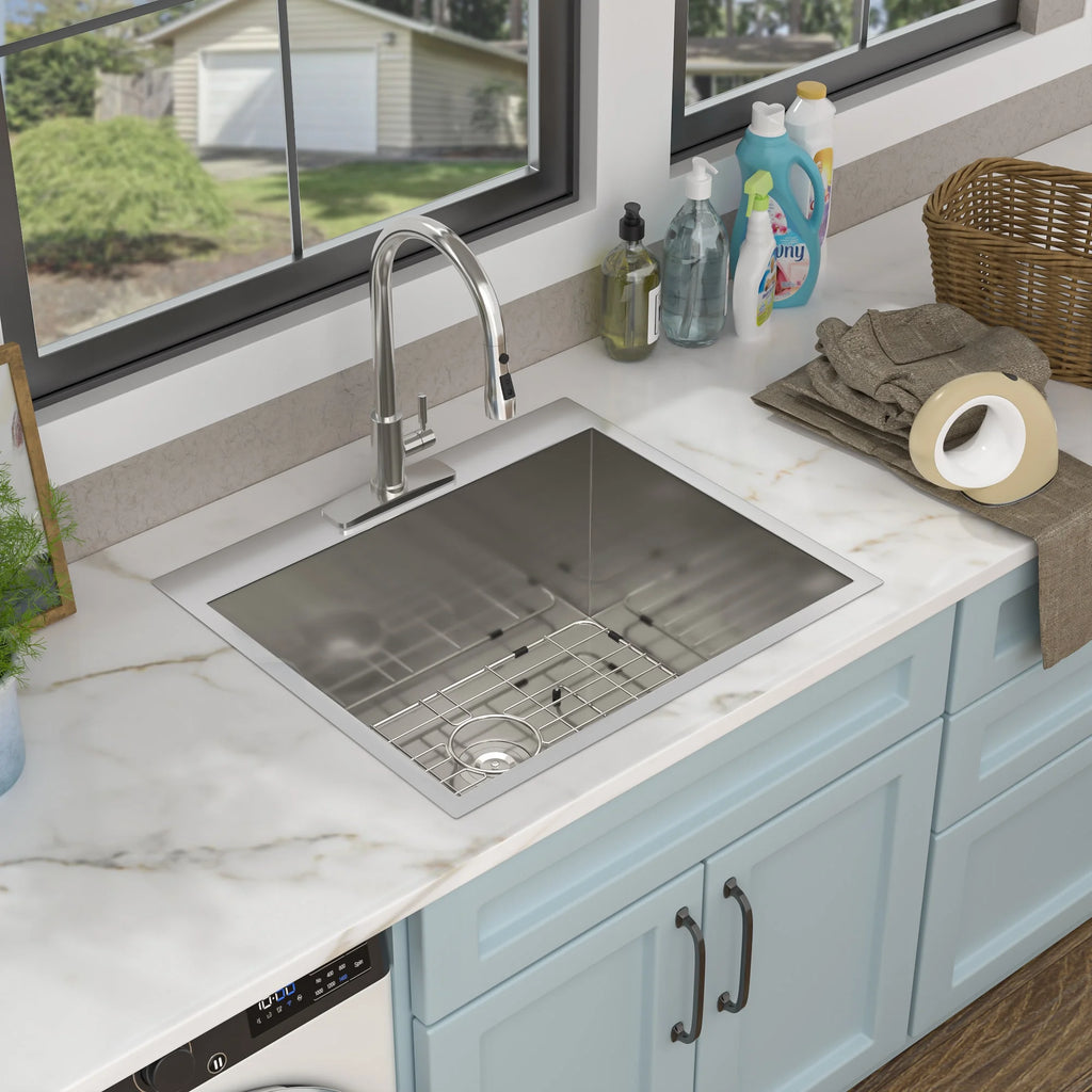 22 Laundry Sink Drop In - Fulorni 22"x22" Laundry Utility Sink Drop In Topmount 16 Gauge Stainless Steel 12 Inch Deep Single Bowl Above Counter Square Utility Laundry Room Sink Basin