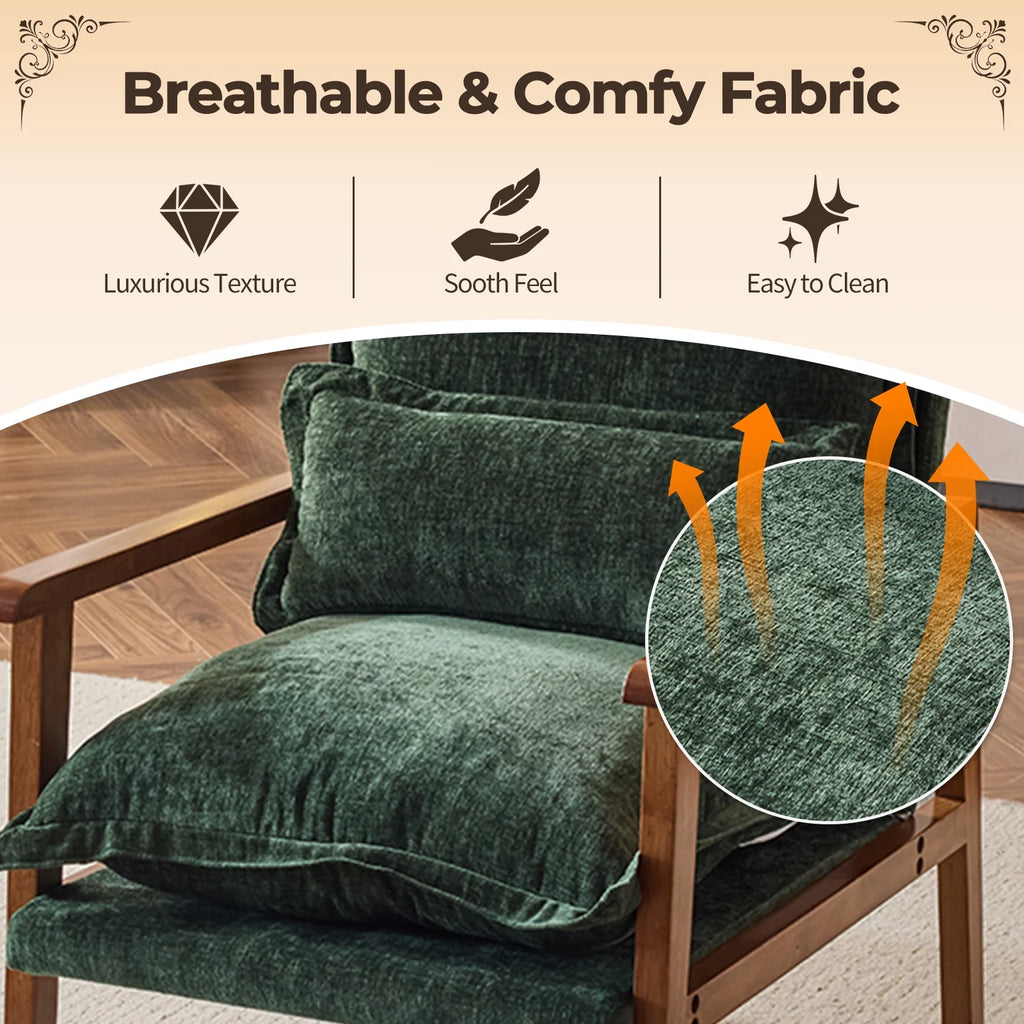 Ktaxon Chenille Accent Chair, Solid Wood Armrests Armchair, Metal Frame for Stability, Single Sofa with Comfortable Cushions and Lumbar Pillow Beige
