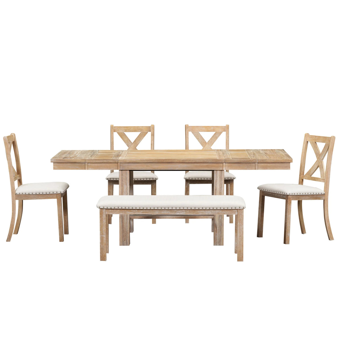 6 Piece Extendable Dining Table Set, Atumon Wood Dining Room Set for 6, Dining Table Set with 4 Beige Cushioned Chairs and Bench, Farmhouse Dining Table Set Furniture for Kitchen Dining Room, Natural