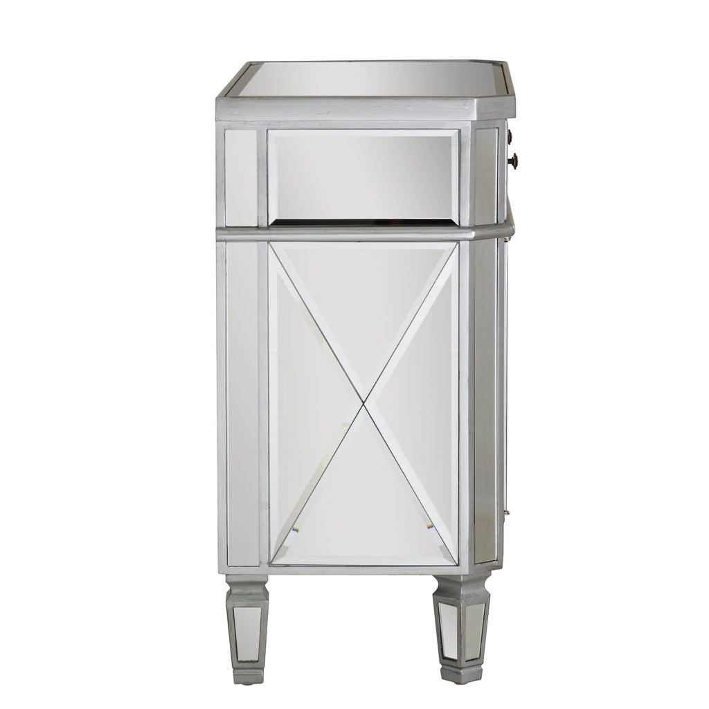 Powell Deville 2-Door Single Drawer Indoor Console Table with Shelves, Mirrored Surfaces and Luxe Silver Wood