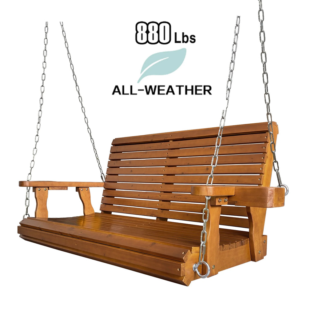 Fortune Candy 3 Person Outdoor Wood Hanging Swing, Heavy Duty 880 lbs Wood Porch Swing, Brown-5ft