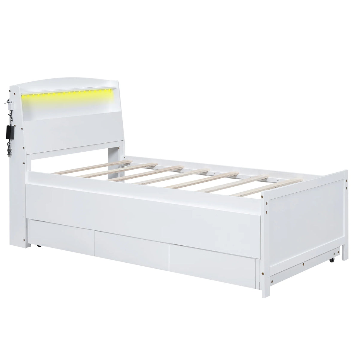 Euroco Wood Twin Size Platform Bed with Storage Headboard, Drawers Trundle and LED Light, White