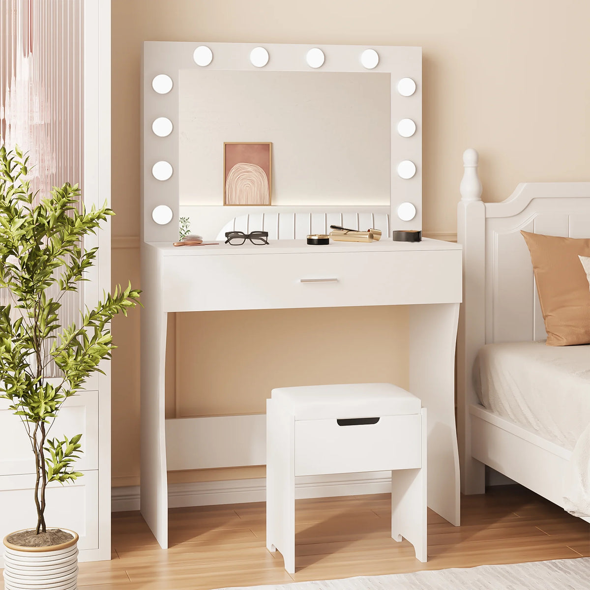 Vanity Table Set with Lighted Mirror,Makeup Vanity with Lights, Large Drawer Sturdy Wood Vanity, White