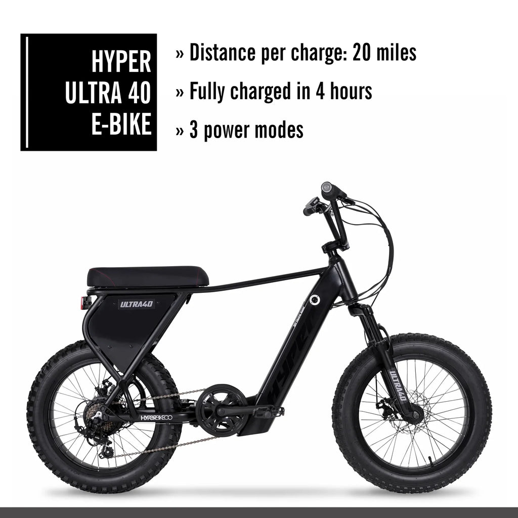 Hyper Bicycles Ultra 40 20" 36V Electric Bike for Adults, 250W E-Bike Motor, Matte Black