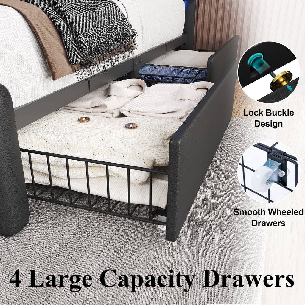 Full Size Upholstered LED Bed Frame with 4 Storage Drawers, Faux Leather Platform Bed with Adjustable Headboard, White