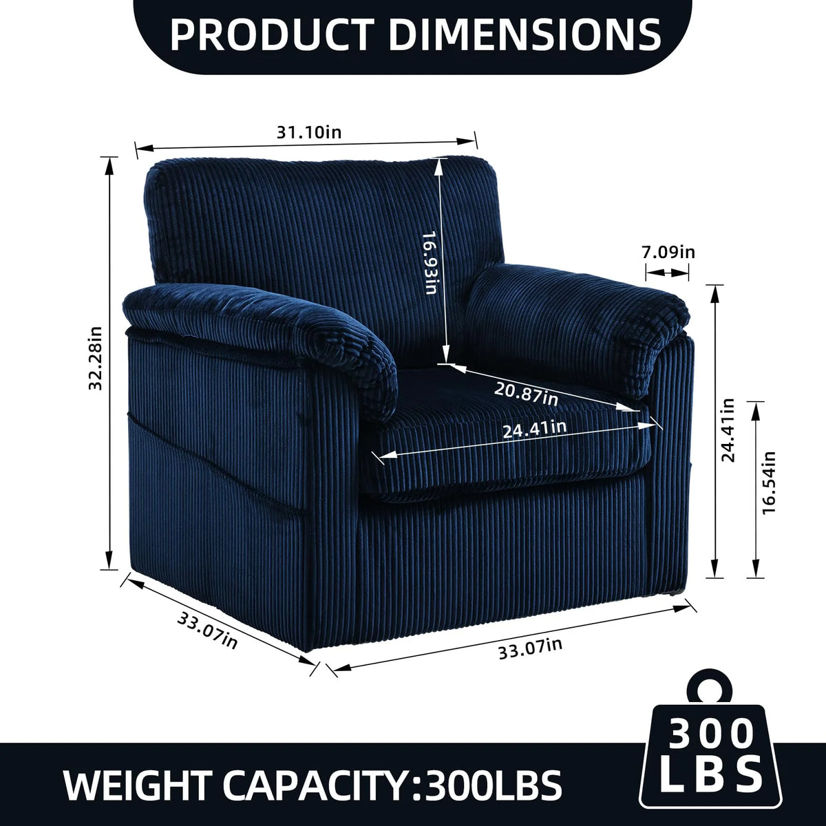 FFH 33" Oversized Swivel Accent Chair,Armchair with Side Pocket,Upholstered Corduroy Lounge Chaise Chair,Barrel Chairs,Comfy Single Sofa Chair for Living Room Reading Bedroom Office,Black