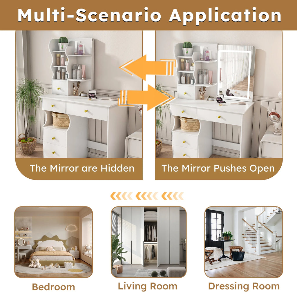 Montary Modern Mini Vanity w/Adjustable LED Mirror + Hidden Storage, Padded Stool & Dustproof Shelves (White)