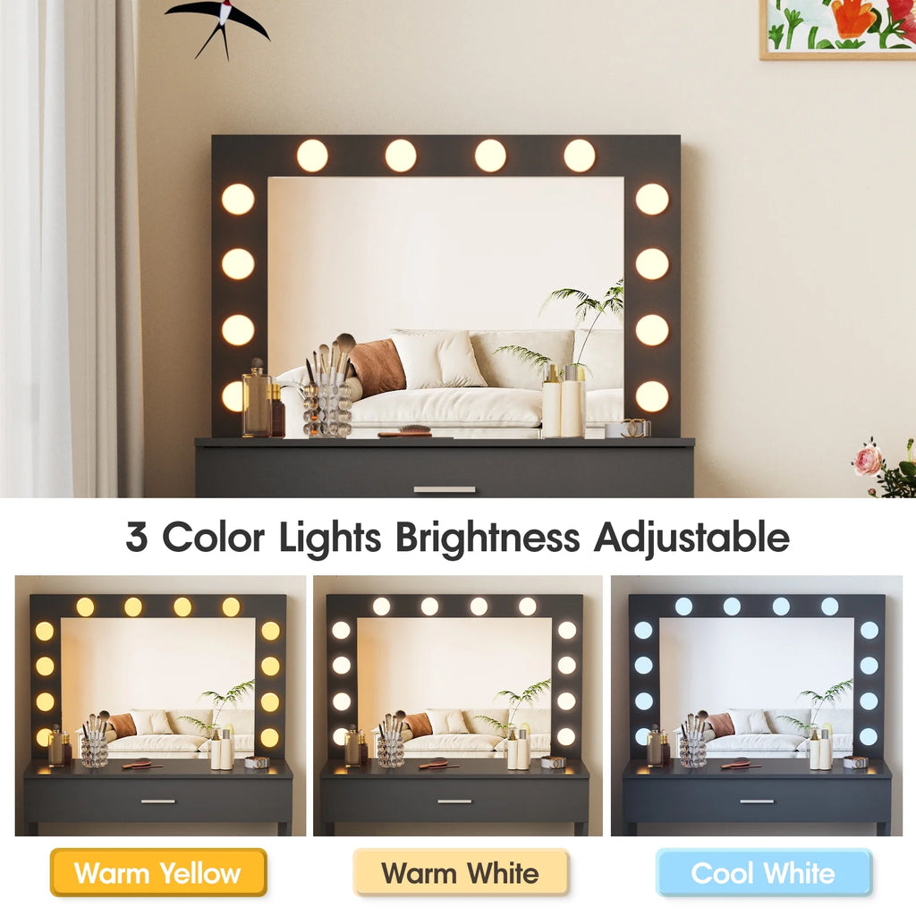 Vanity Table Set with Lighted Mirror,Makeup Vanity with Lights, Large Drawer Sturdy Wood Vanity, White
