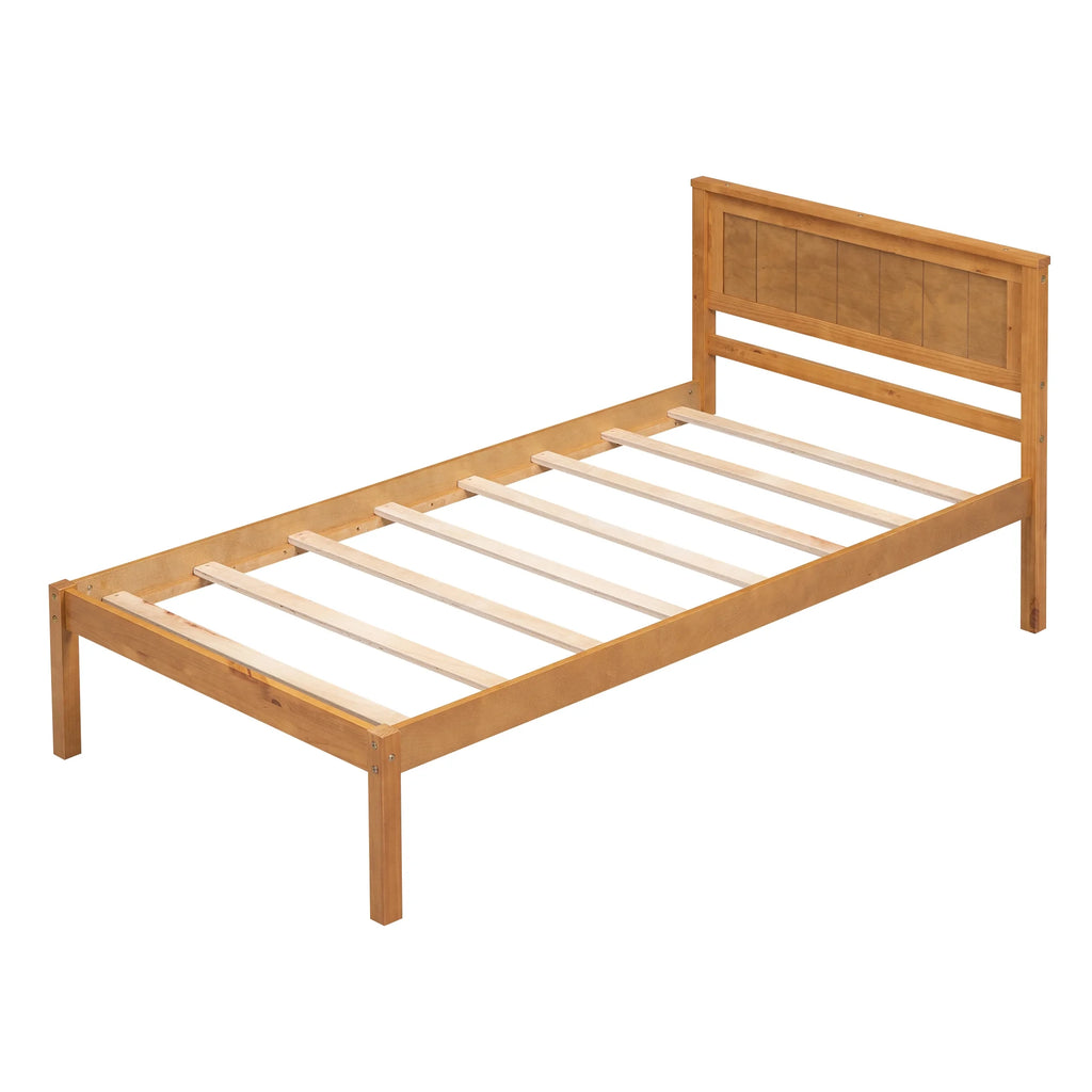 Euroco Twin Platform Bed, Modern Wood Frame Bed with Headboard and Slats for Kids Room, Oak
