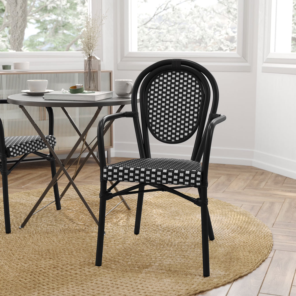 Merrick Lane Stacking Thonet French Bistro Style Chair with Arms, Black & White PE Rattan Seat, and Bamboo Finished Metal Frame for Indoor/Outdoor Use