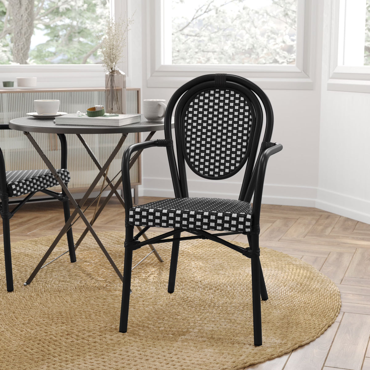 Merrick Lane Stacking Thonet French Bistro Style Chair with Arms, Black & White PE Rattan Seat, and Bamboo Finished Metal Frame for Indoor/Outdoor Use