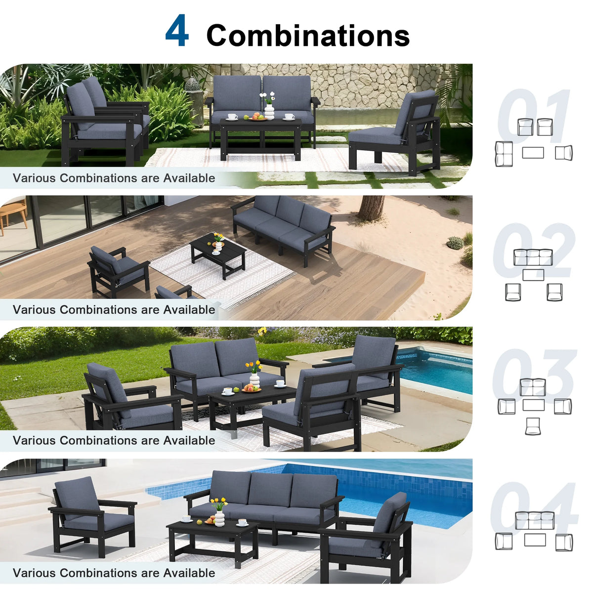 SERWALL Outdoor Patio Furniture Set, 7-Piece HDPE Outdoor Sofa Set Patio Conversation Set, Black Frame with Beige Cushions