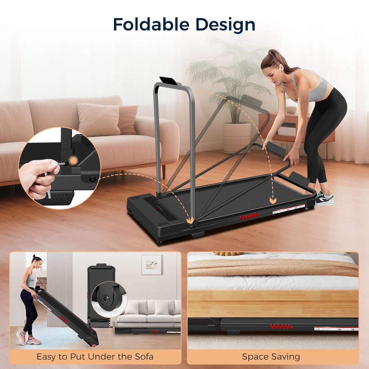 2 in 1 Walking Pad Treadmill, Foldable Treadmills with Handle Bar, 2.5HP Portable Folding Treadmill with Remote Control, Under Desk Treadmill for Home Office, 300lbs, Black