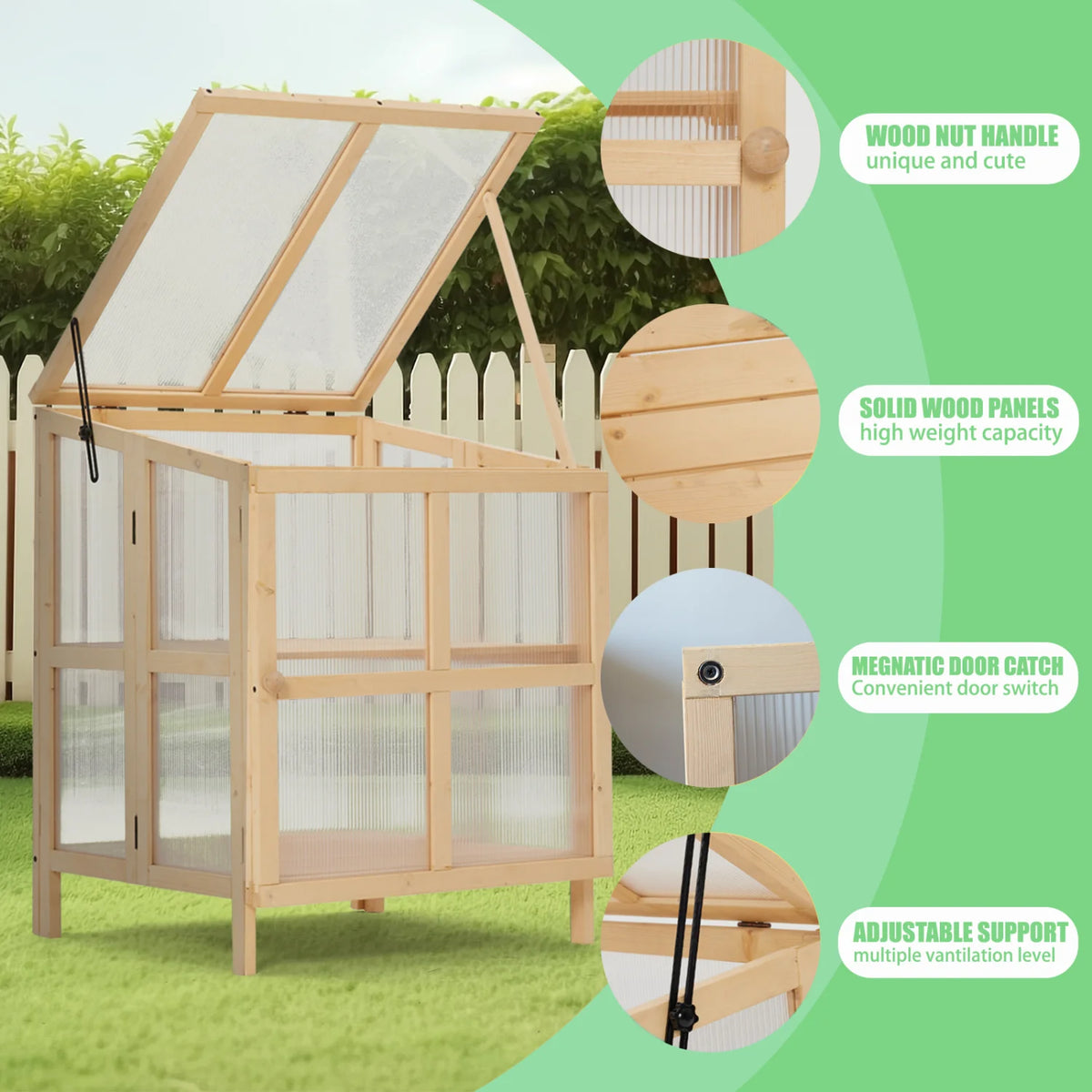 Youmumeub Wooden Cold Frame Greenhouse, 2-Tier Raised Garden Planter with Polycarbonate Panels for Season Extension, Foldable, Natural Wood