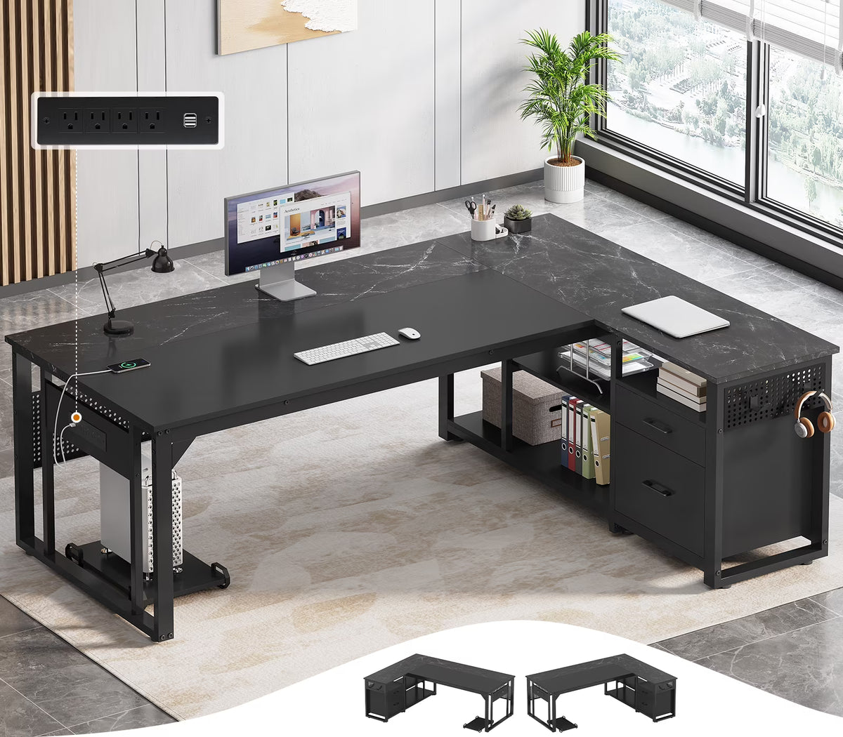 71" Executive Desk with Power Outlets, Modern L Shaped Office Desk with File Drawers and Pegboard, Large Computer Desk, Rustic Brown
