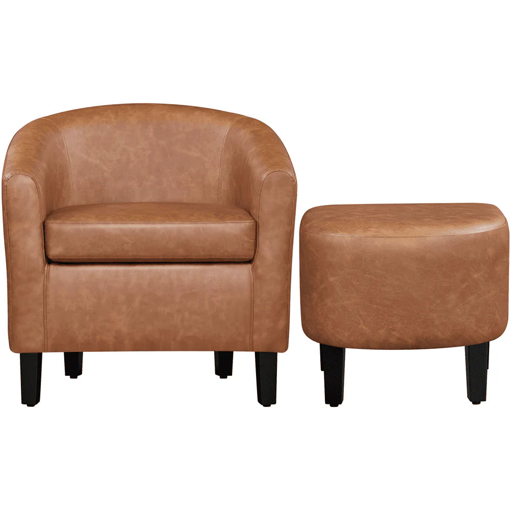 Easyfashion Barrel Accent Chair with Ottoman, Brown Faux Leather