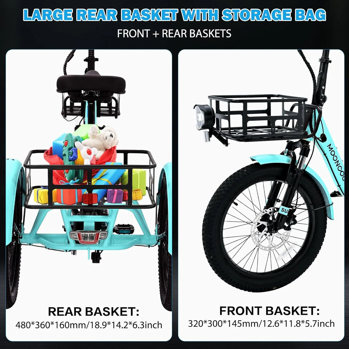 MOONCOOL TK1 Folding Electric Tricycle for Adults,48V 14.5Ah Removable battery, 500W（Peak 1000w）Motor, 20" Fat Tire Step-Thru 3Wheel Electric Bicycle w/Front&Rear Baskets, Certified to UL 2849 by SGS