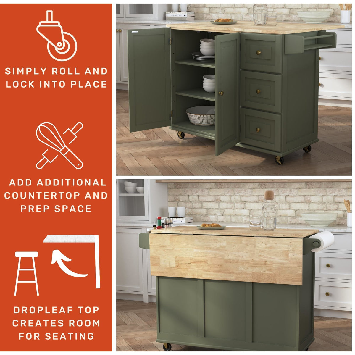 Homestyles Dolly Madison Engineered Wood Kitchen Cart in Sage Green/Brass