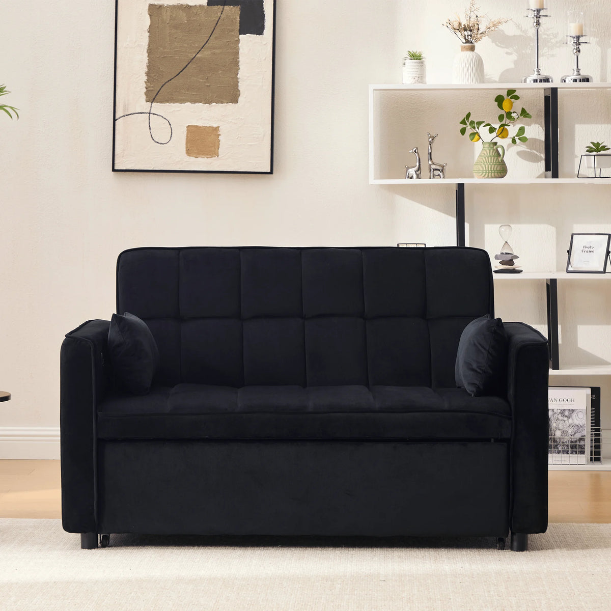 BINBANK Black Velvet 3-in-1 Convertible Sleeper Sofa Bed a?? USB Charging, Adjustable Backrest Pull-Out Futon Loveseat Couch for Living Room, Apartment & Small Space