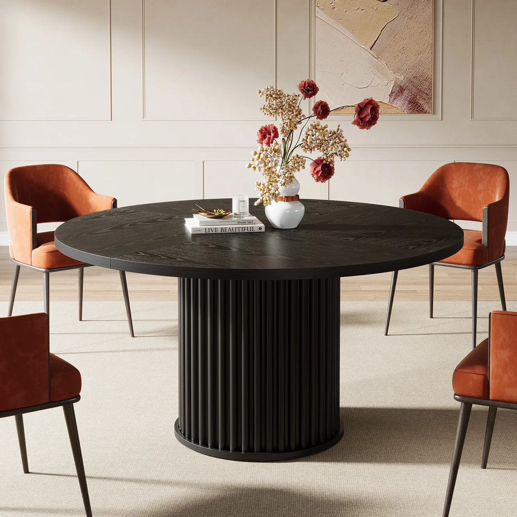 Tribesigns Black Round Dining Table for 4-6 People, 47.24-Inch Circle Wood Kitchen Table with Sturdy Fluted Metal Base, Modern Dining Room Furniture