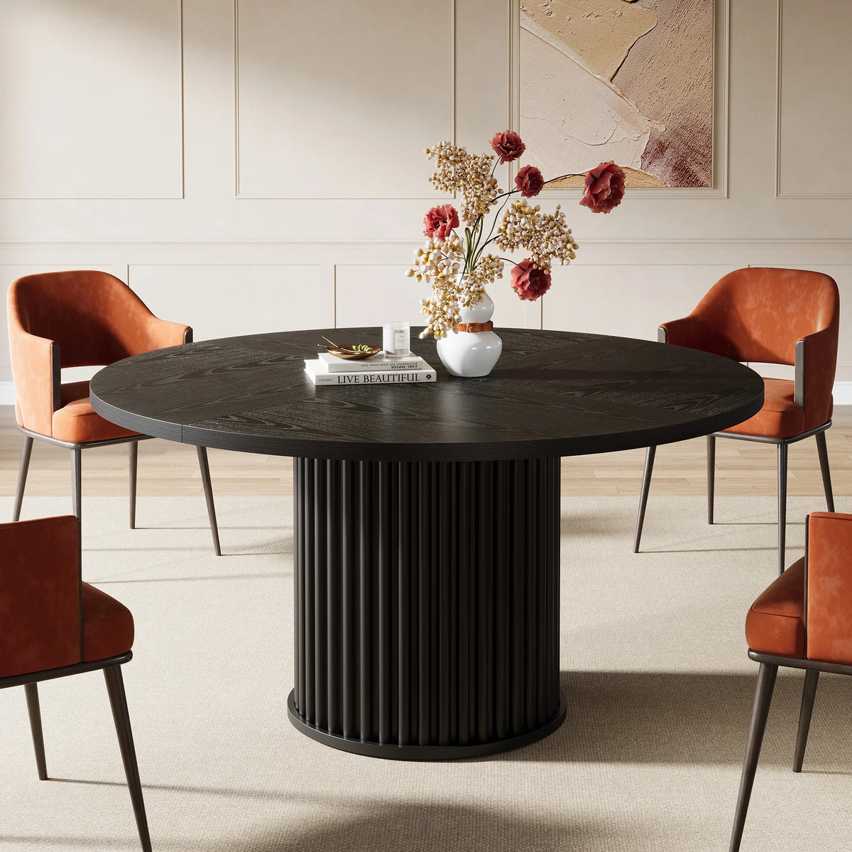 Tribesigns Black Round Dining Table for 4-6 People, 47.24-Inch Circle Wood Kitchen Table with Sturdy Fluted Metal Base, Modern Dining Room Furniture