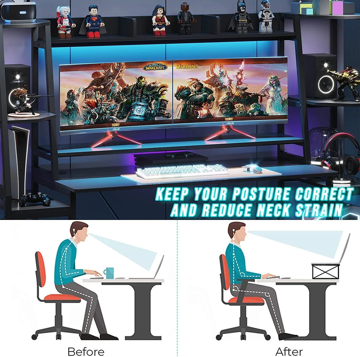 78.8 Inches Gaming Desk with LED Lights, Hutch and Storage Shelves, Ergonomic Computer Desk, Black