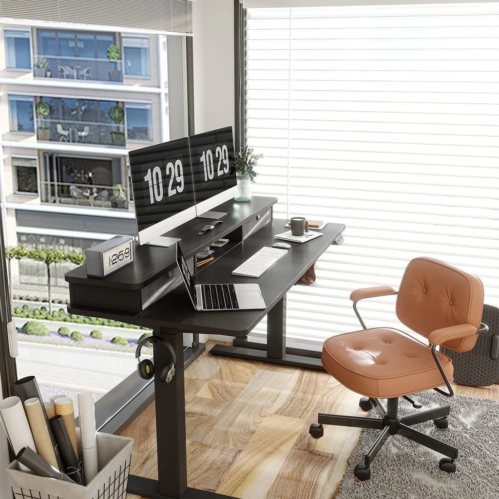 Fezibo Height Adjustable Electric Standing Desk with Drawers and Storage Shelf, Sit Stand Desk with Splice Board, Black Finish, 55"