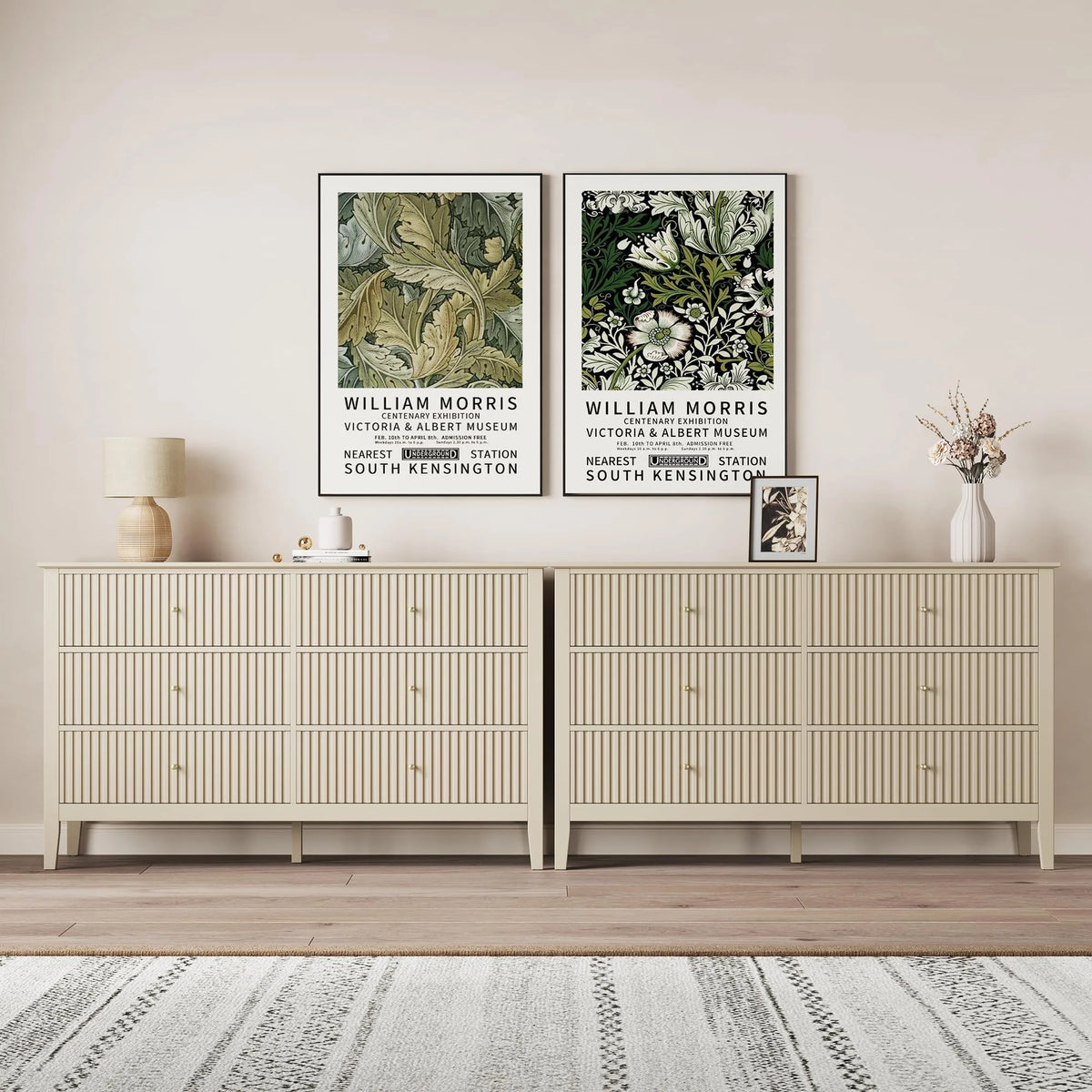 Heynemo Beige 6 Drawer Dresser, Fluted Modern Wood Chest