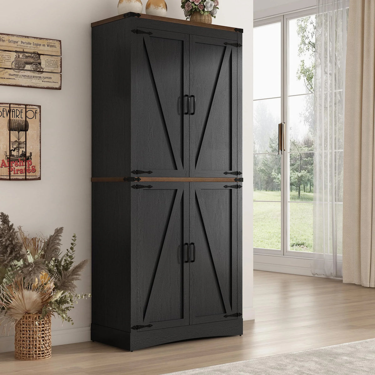 71" Tall Farmhouse Kitchen Pantry Cabinet, 5 Layers Storage Cabinet with Adjustable Shelves, Farmhouse Pantry Cabinet with 4 Barn Doors for Kitchen, Dining Room, Bathroom, Living Room, Rustic White