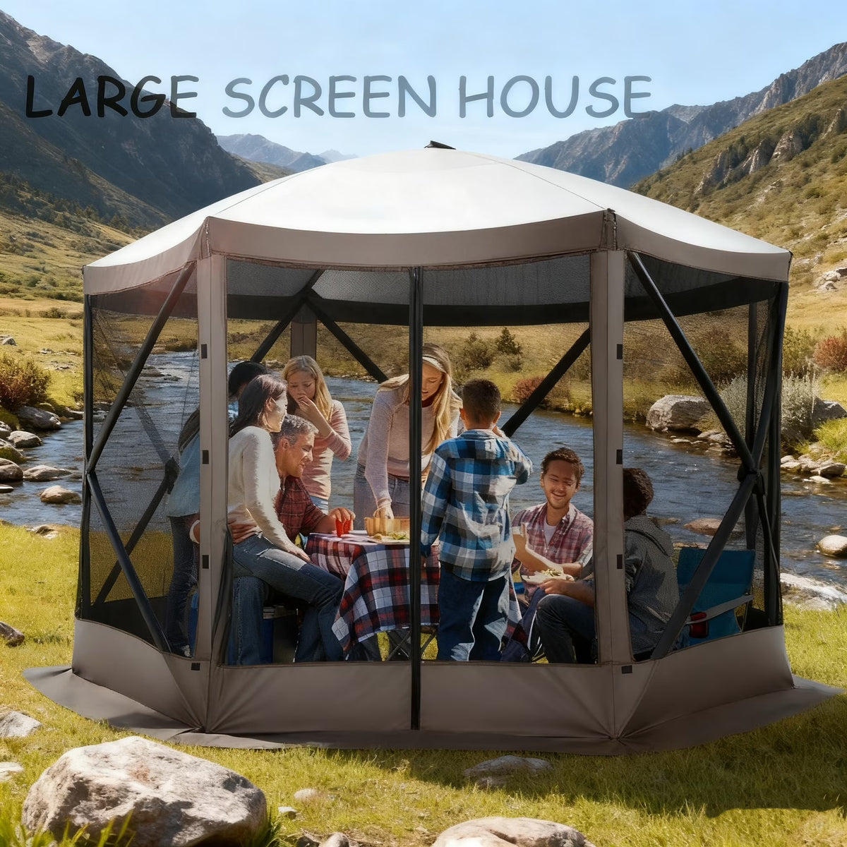 COBIZI 12'x12' Pop-up Gazebo Outdoor Camping Tent with 6 Sides Mosquito Netting, Waterproof, UV Resistant, Portable Screen House Room, Easy Set-up Party Tent with Carry bag, Ground Spike, Brown