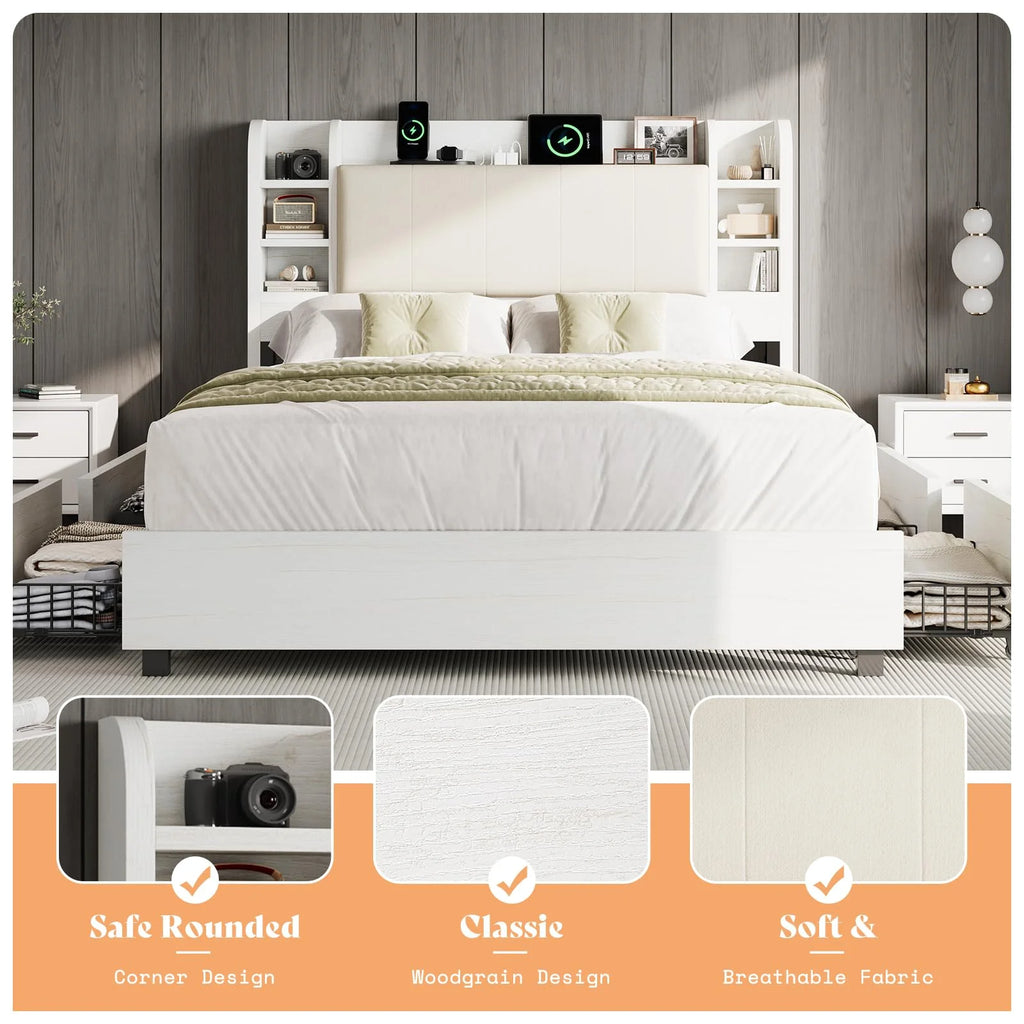 PLAUIN King Size Bed Frame with Storage Drawers, 47.2" Headboard and Wooden Platform, Grey