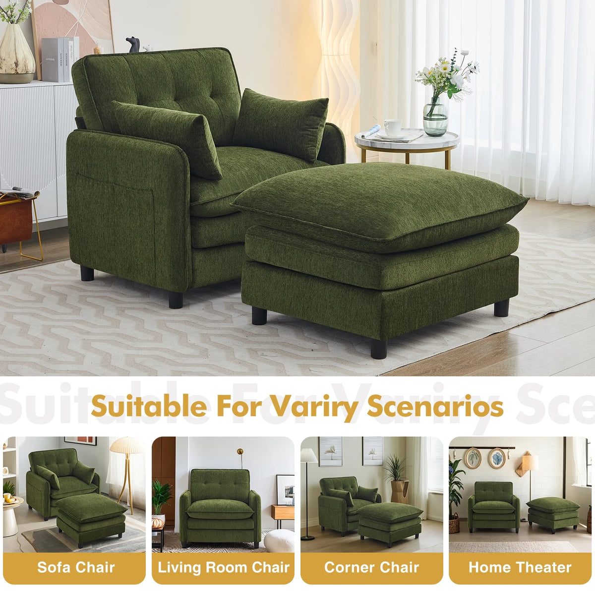 Aemeios Upholstered Chenille OversizedAccent Armchairs with Ottoman and Side Pocket, Cream