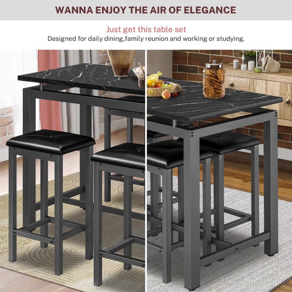 5 Piece Dining Set, Modern Dining Table and Chairs Set for 4, Counter Height Bar Table Set, Modern Pub Table with 4 Velvet Fabric Cushioned Stools, Faux Marble Dining Table & Stools Set, D9297