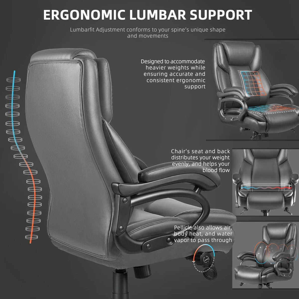 Waleaf Heavy Duty Big and Tall Office Chair 500lbs with Adjustable Lumbar Support,High Back Office Chair for Adults