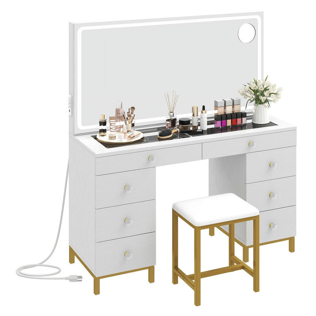 Uforic 55" Vanity Desk with Lighted Mirror & Power Outlet & 8 Drawers, Modern Makeup Vanity Table Set with Storage Stool, White
