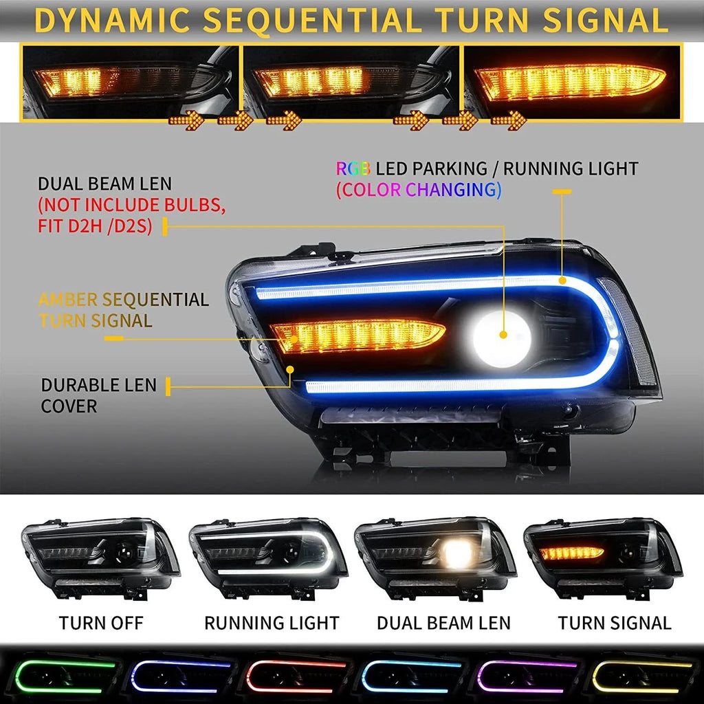 VLAND for Dodge Charger 2011 2012 2013 2014 Dual Beam Projector Headlights Replacement Assembly