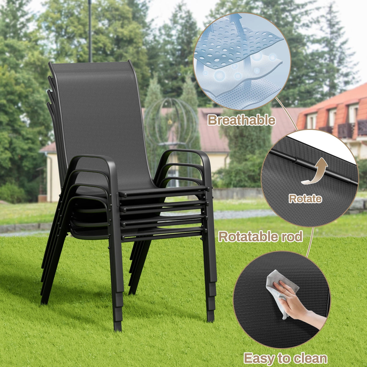 Pirecart 5-Piece Outdoor Patio Dining Table Set with 4 Stackable Textilene Chairs for for Patio, Lawn, Garden, Gray