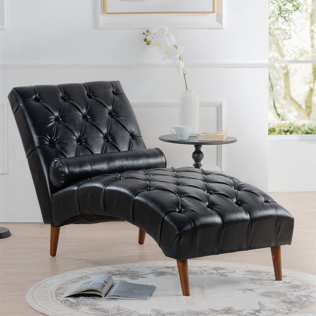 Upholstered Chaise Lounge, Indoor Recliner Sleeper Chair with Lumbar Pillow, Tufted Lounge Chair with Solid Wood Legs, Single Armless Rest Sofa Chair for Living Room Bedroom Office, Black PU