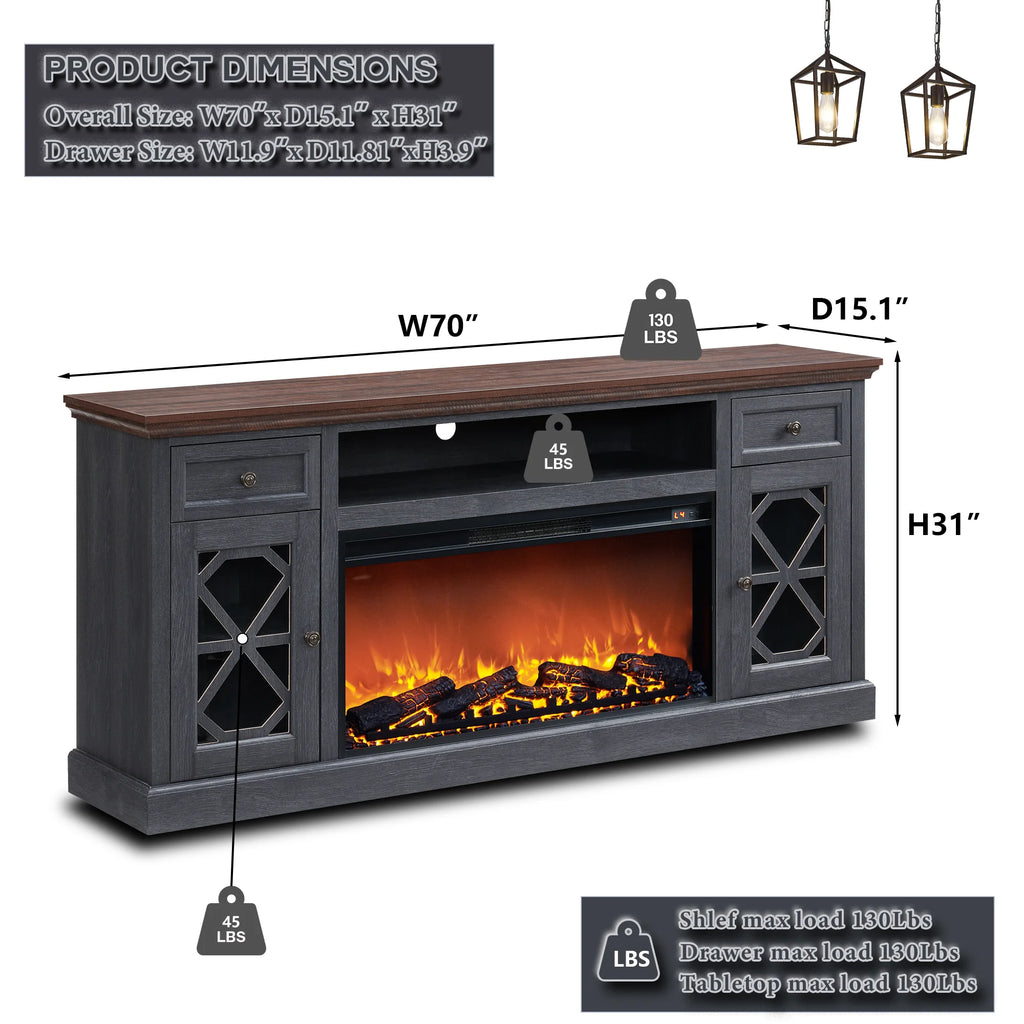 SinCiDo Farmhouse Fireplace TV Stand 75 Inch, Electric Fireplace TV Stand Up to 80 Inch TVs, Entertainment Center with Fireplace for Living Room