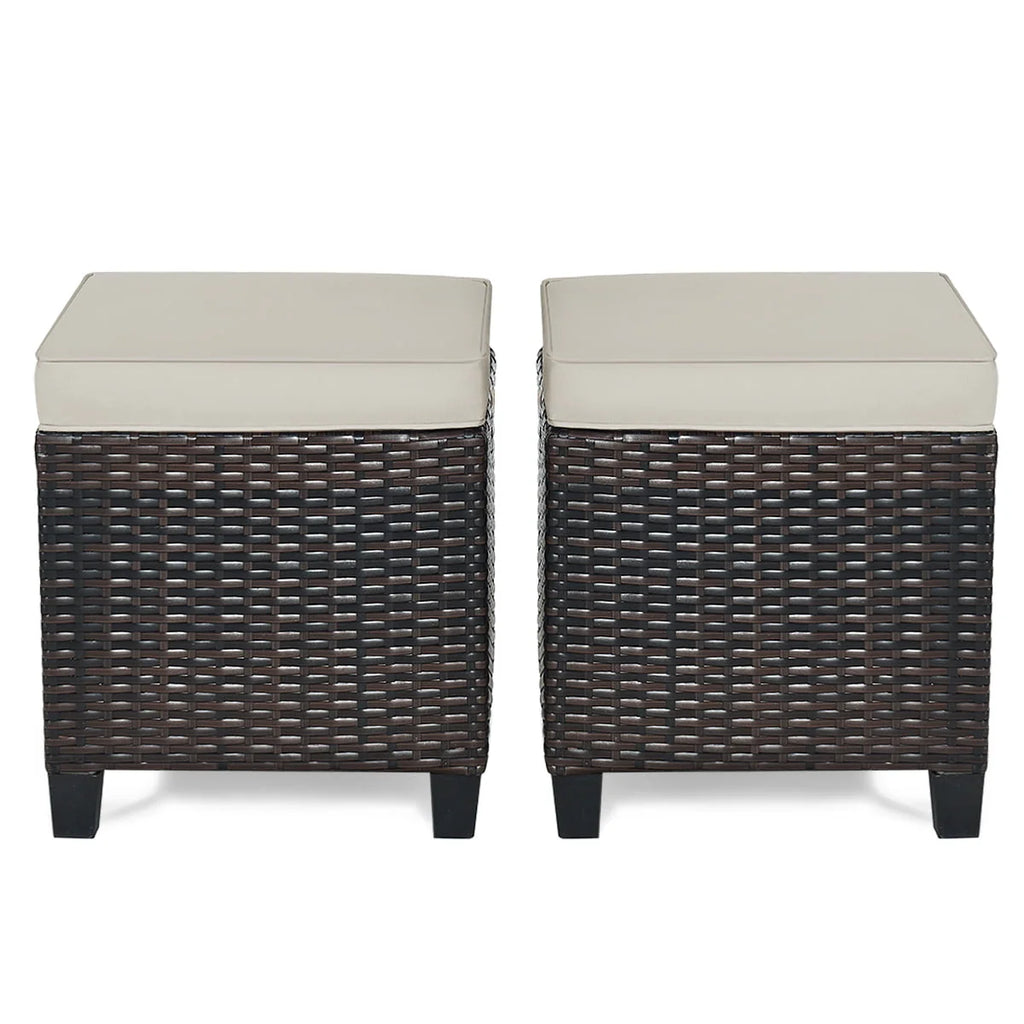Gymax Set of 2 Patio Rattan Ottoman Footrest Garden Outdoor w/ Brown Cushion