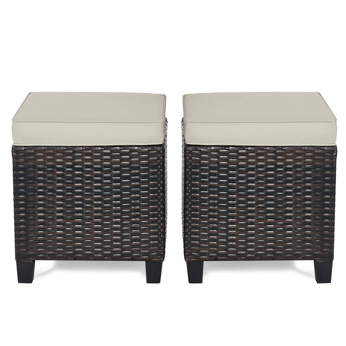 Gymax Set of 2 Patio Rattan Ottoman Footrest Garden Outdoor w/ Brown Cushion