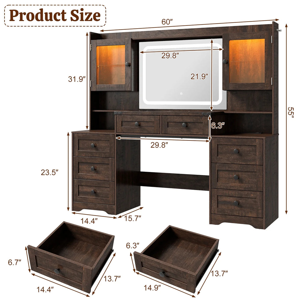 ANPOO 60" Farmhouse Vanity Desk with Outlet, Mirror Lights, Tempered Glass Top, Big Makeup Vanity Table with 2 RGB Glass Cabinets, 60000-color LED Lights, Wood Makeup Desk for Women, Girls, Brown